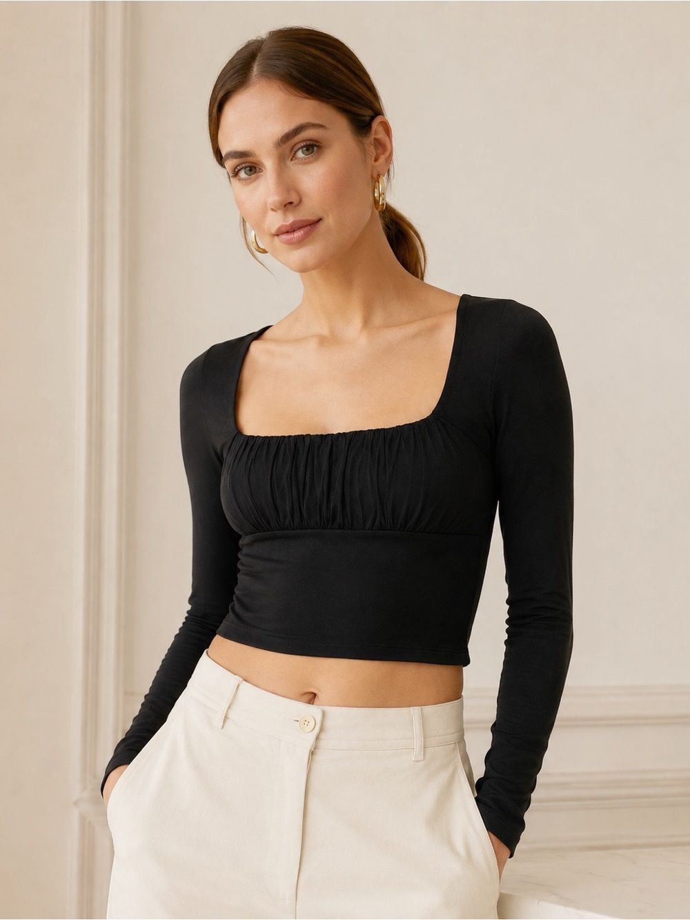 Wilfred Free Aritzia Woman Black Ruched Long Crop Sleeve Top XS Romantic Preppy